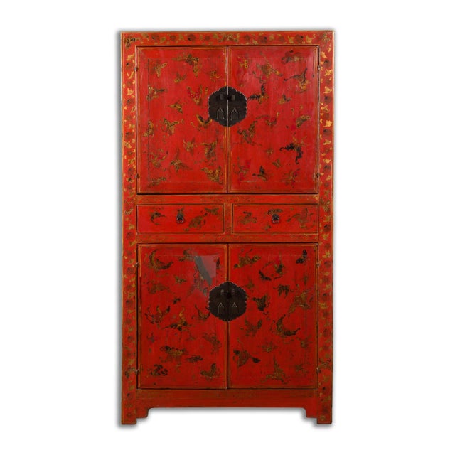 Mid 19th Century 19th Century Chinese Qing Dynasty Red Lacquer Butterfly Décor Cabinet For Sale - Image 5 of 13