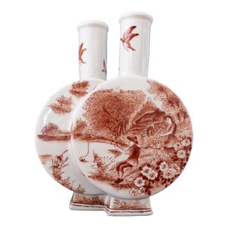 Porcelain Double Moon Flask Vase With Red Hand Painted Country Scene For Sale