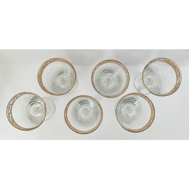 Italian Preziosi Lavarato a Mano Italian Gold Rim Etched Design Wine Glasses- Set of 6 For Sale - Image 3 of 6