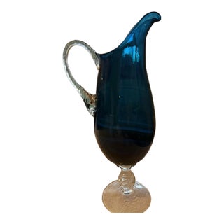 Vintage Empoli Italian Murano Blue Art Glass Pitcher 13 1/2" For Sale