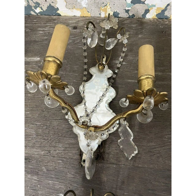 Bronze 1920's e.f. Caldwell Regency Beveled Mirror Cut Crystal Back Bronze Wall Sconces Set of 3 For Sale - Image 8 of 12