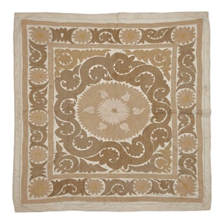 Decorative Neutral Tan Suzani Tribal Textile 4' X 4'9'' For Sale