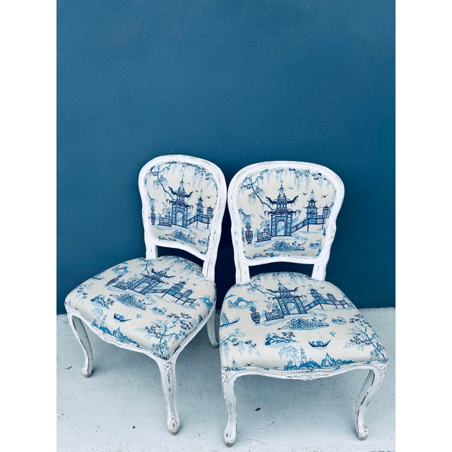 Chinoiserie French Chairs With Custom Vintage Chinoiserie Toile - A Pair For Sale - Image 3 of 10