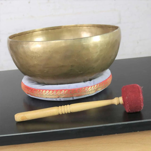 Metal Vintage Singing Bowl or Standing Bowl Bronze Hand Made With Mallet on Pillow For Sale - Image 7 of 13