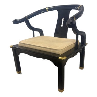 Vintage Spanish Chinoiserie Black Lacquer & Brass Horseshoe Chair, James Mont Style For Sale