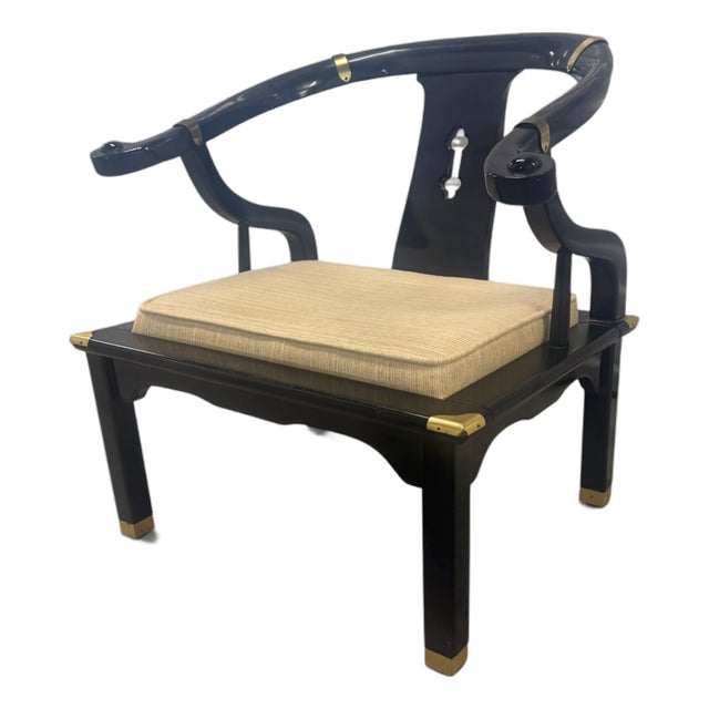 Vintage Spanish Chinoiserie Black Lacquer & Brass Horseshoe Chair, James Mont Style For Sale