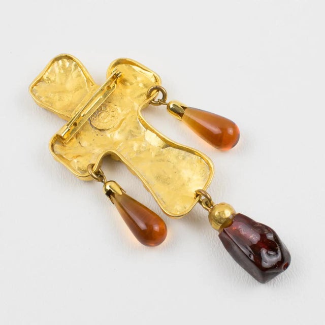 Edouard Rambaud Byzantine Gilded Metal Cross Brooch with Amber Resin Drops For Sale In Atlanta - Image 6 of 8