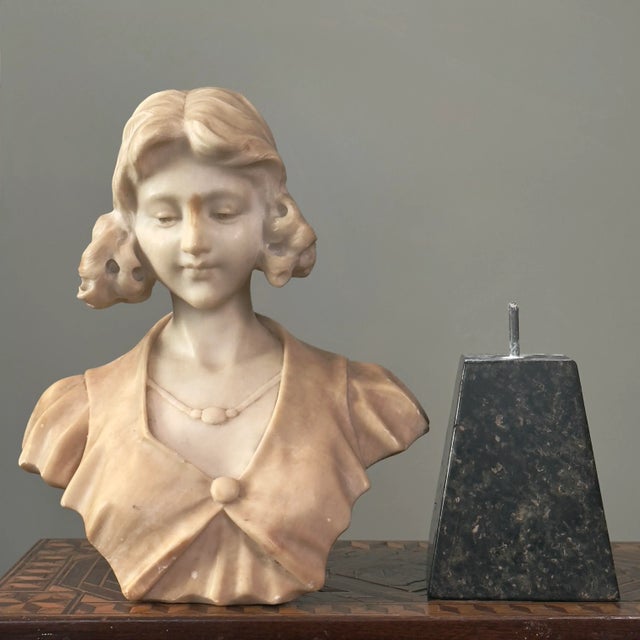 1920s Antique Art Nouveau Hand Carved Alabaster Bust of a Young Woman With Marble Stand For Sale - Image 5 of 10