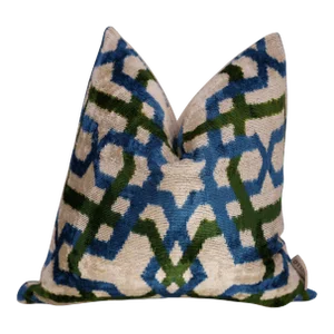 Contemporary Blue & Green Handmade Silk Throw Pillow With Down Insert