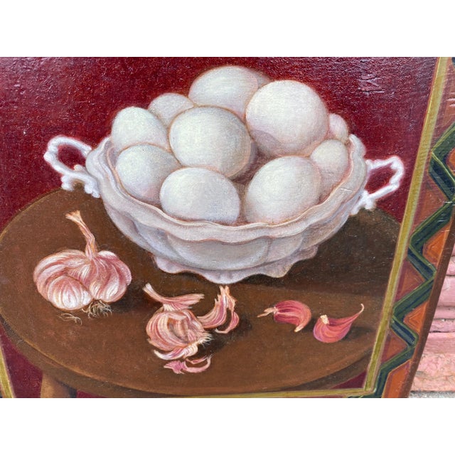 Culinary still life, "Eggs and Garlic" painted by Bucks County artist, Valerie Von Betzen. Von Betzen is a regional artist...