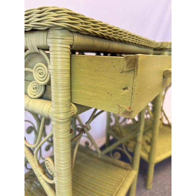 Green 1970's Peacock Wicker End Tables- A Pair For Sale - Image 8 of 15