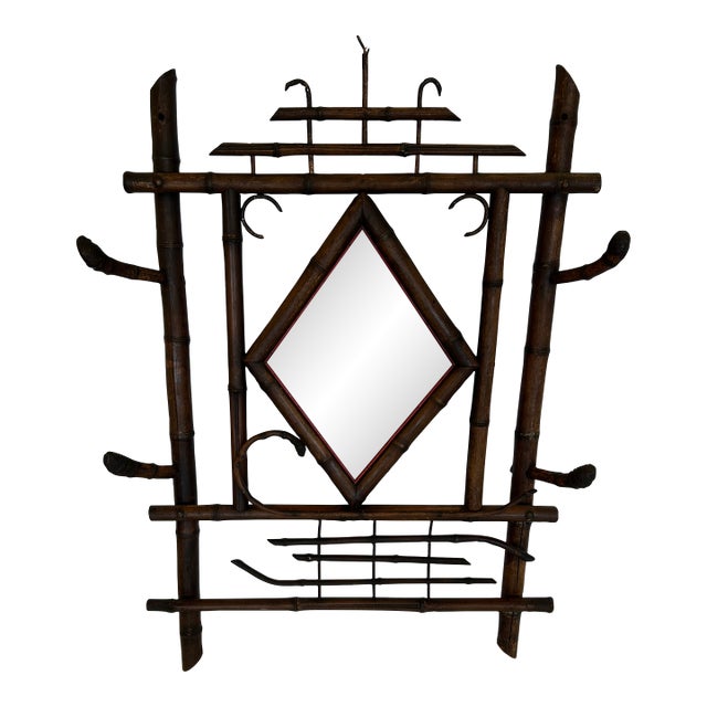 Adirondack Style Bamboo Antique Mirror and Coat Hanger For Sale