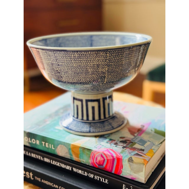 Antique Japanese Hand Haisen Bowl- Large Footed Blue and White Pedestal Bowl For Sale - Image 9 of 9