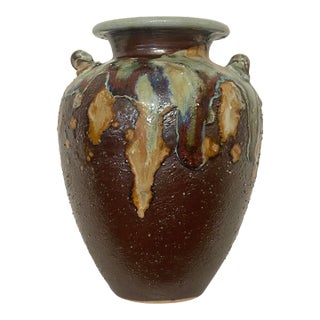 Antique Abstract Asian Raku Ceramic Pottery Vase in Celadon, Camel, Chocolate Brown For Sale