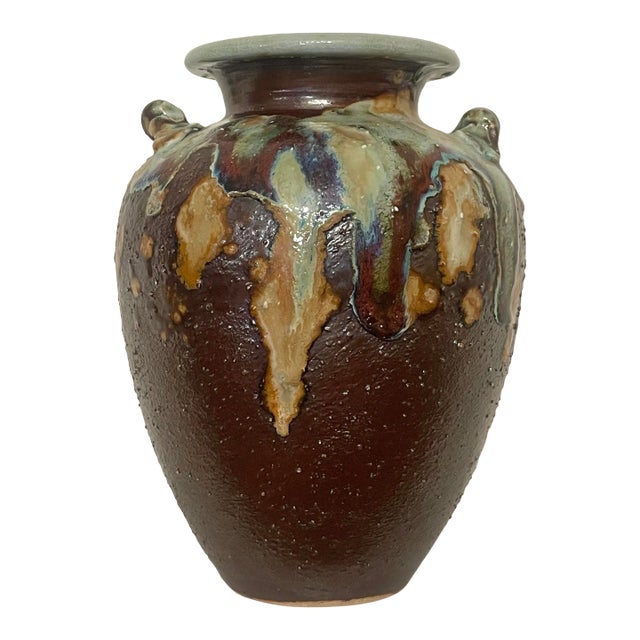 Antique Abstract Asian Raku Ceramic Pottery Vase in Celadon, Camel, Chocolate Brown For Sale