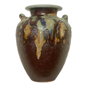 Antique Abstract Japanese Raku Ceramic Vase in Celadon, Camel, Chocolate Brown