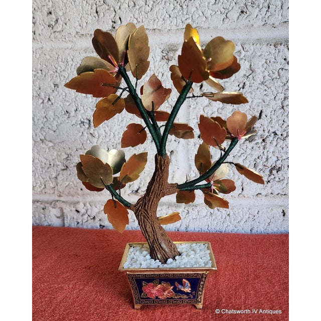 Metal Vintage Chinese Cloisonné Guilloche Enamel Bonsai Tree in Decorative Brass Pot For Sale - Image 7 of 9