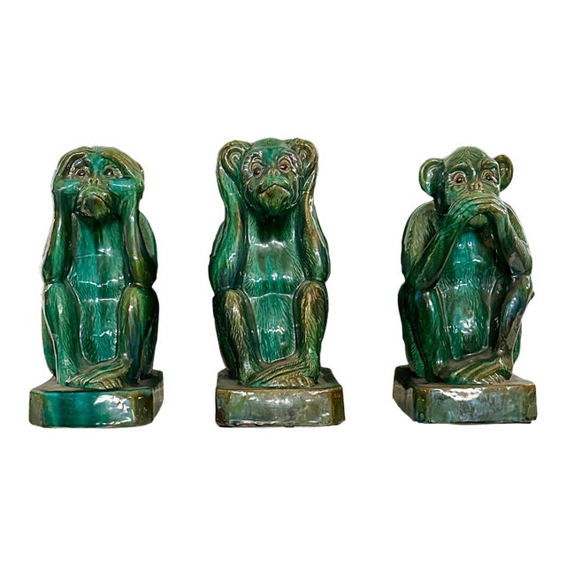 Set of 3 Vintage Glazed Terra Cotta Monkey Large Monkey Garden Figures For Sale