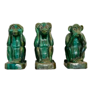 Set of 3 Vintage Glazed Terra Cotta Monkey Large Monkey Garden Figures