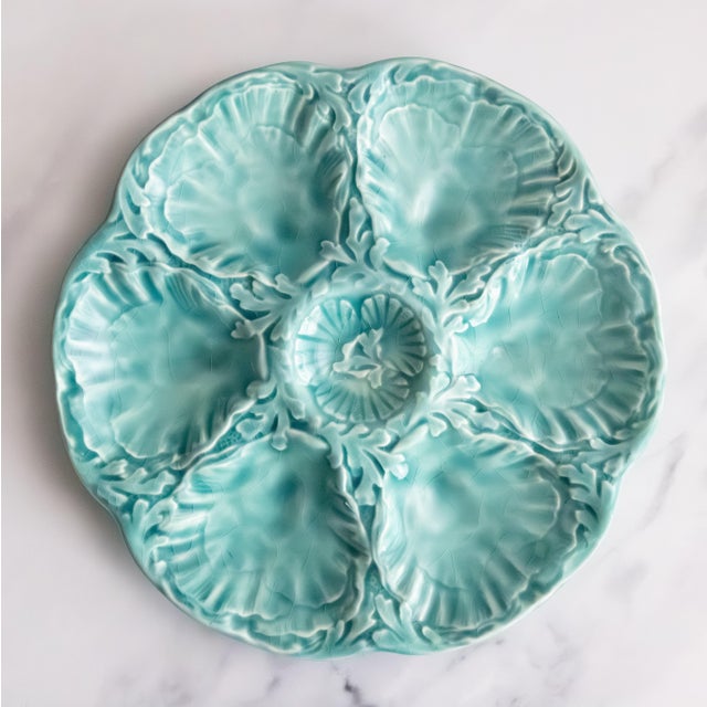 Ceramic Vintage French Gien Turquoise Majolica Oyster Plate For Sale - Image 7 of 7