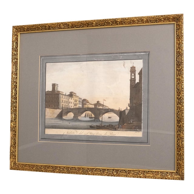 Signed Framed Watercolor Italian Canal Scene Engraving For Sale
