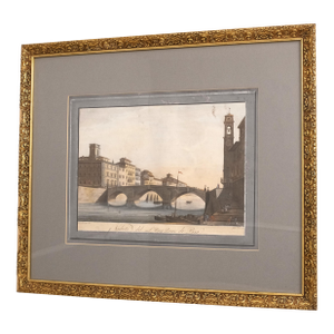 Signed Framed Watercolor Italian Canal Scene Engraving