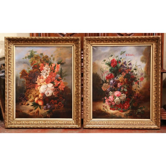 Pair of 19th C. French Floral Still Life Oil Paintings in Carved Giltwood Frames For Sale - Image 10 of 10