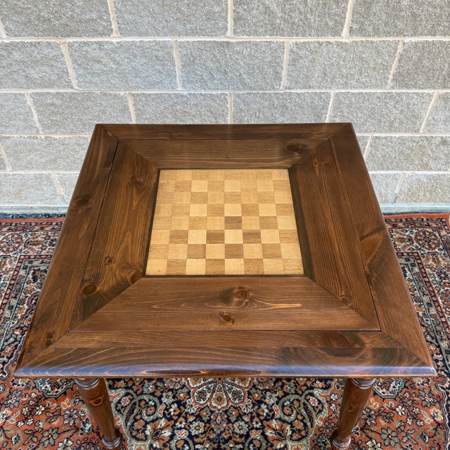 Ethan Allen 1980s Ethan Allen Old Tavern Antiqued Pine Rustic Traditional Flip Top Game Table With Chess & Backgammon Boards (12-9022) For Sale - Image 4 of 17