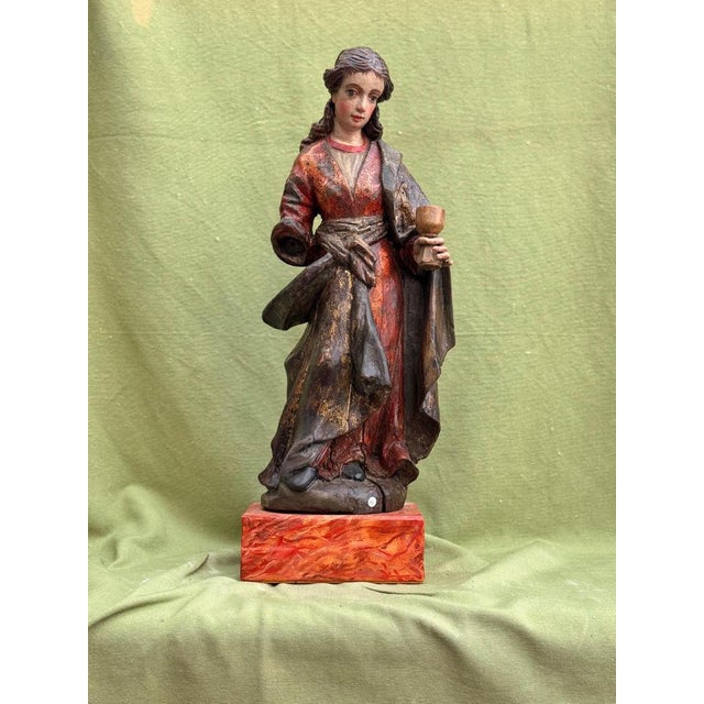Gold Saint Barbara, Polychrome Carving, 18th Century, Wood For Sale - Image 8 of 9