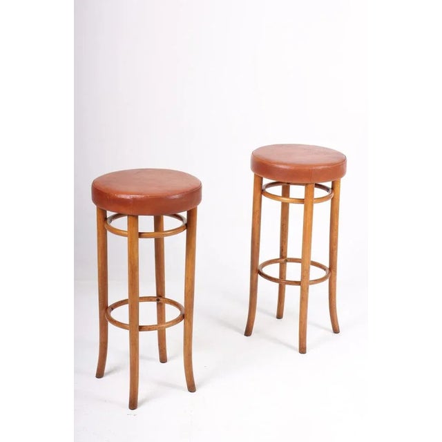 Wood Set of Bar Stools in Beech and Patinated Leather by Fritz Hansen, 1940s For Sale - Image 7 of 7