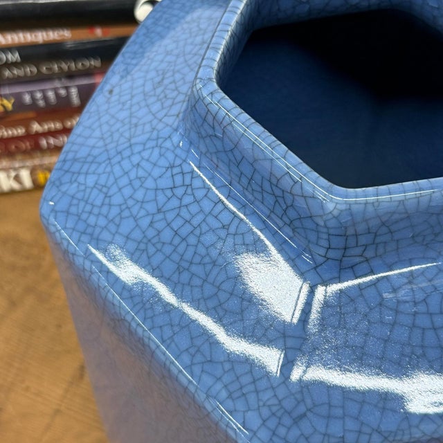 Blue Blue Green Crackle Glaze Hexagonal Lidded Jar For Sale - Image 8 of 9