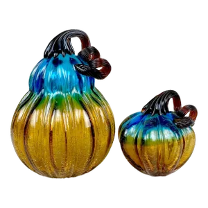 Mid-Century Blue & Gold Art Glass Hand Blown Pumpkin & Gourd - a Pair