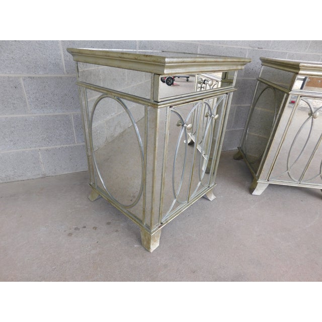 Hollywood Regency Silvered with Mirrored Paneling Nightstands - a Pair 1 Drawer over 2 mirrored lower decorative door...