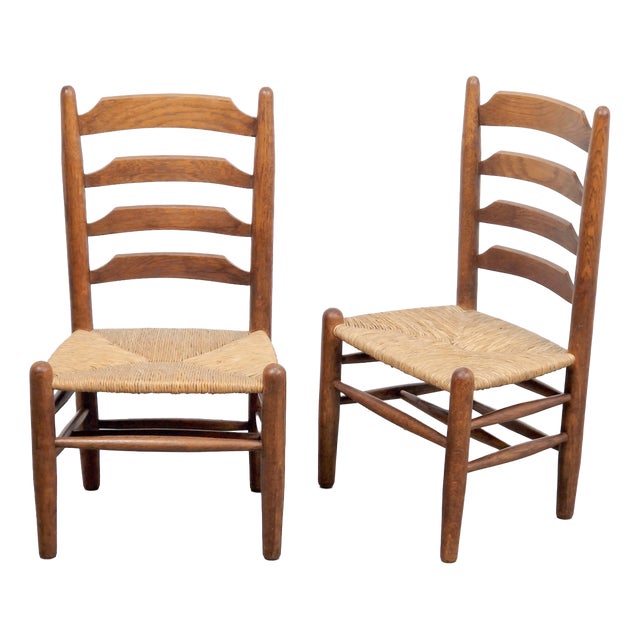 Set of Brutalist Wood and Wicker Chairs in the style of Charlotte Perriand, 1960s, Set of 2 For Sale