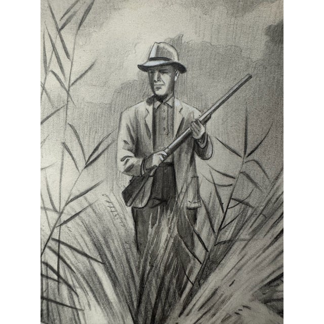 Illustration 1940s Original Signed Graphite Illustration of Bird Dog, Hunter and Quail in Tall Grass, 13.25 × 10.5 In. For Sale - Image 3 of 6