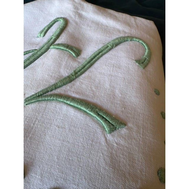 Photography Antique French Linen Sheet, Jl Monogram With Sage Green Embroidery, Circa 1920 For Sale - Image 7 of 11