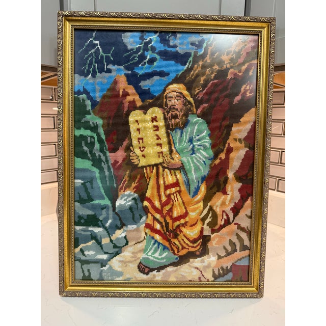 Folk Art Vintage Needlepoint Embroidery of Moses at Mt.Sinai. For Sale - Image 3 of 6