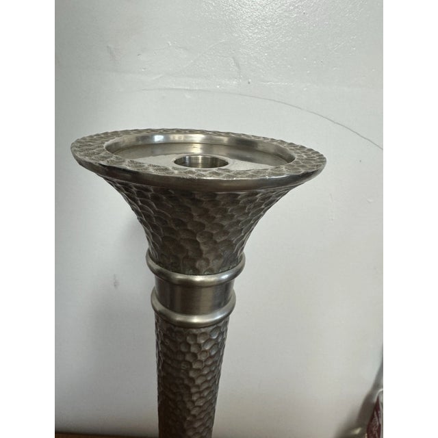 1990s Vintage Hammered Metal Tall Taper Candle Holder Candlestick Silver Tone Decor For Sale - Image 5 of 11