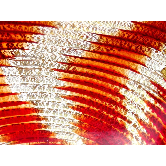 Red Murano Vintage Red Bands Optic Swril Pattern Gold Flecks Italian Art Glass Chunky Ashtray Bowl For Sale - Image 8 of 11