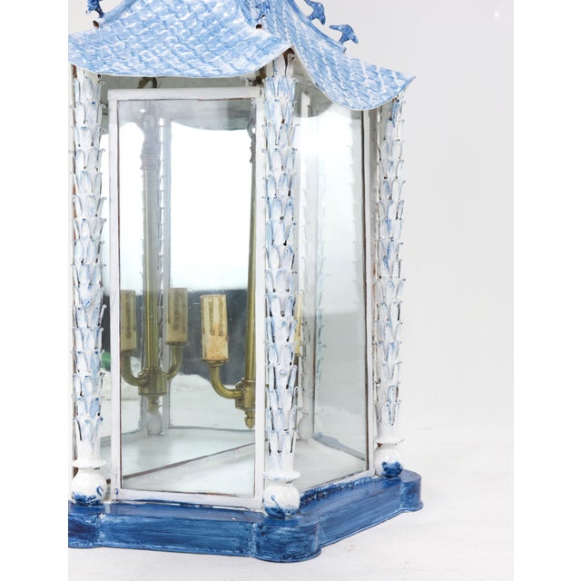 A Pair of Vintage Brighton Blue and White Chinese-Style Pagoda Wall Lamps For Sale - Image 9 of 17
