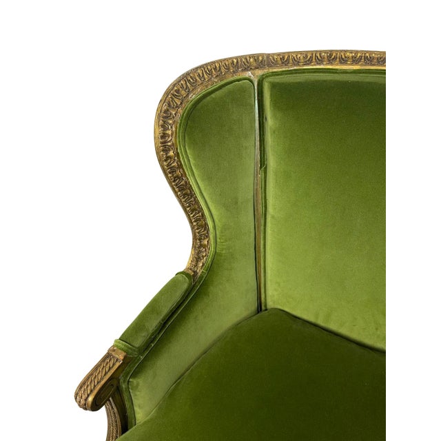 1910s Louis XVI Style Giltwood Carved Bergere Chair With Green Velvet For Sale - Image 9 of 13