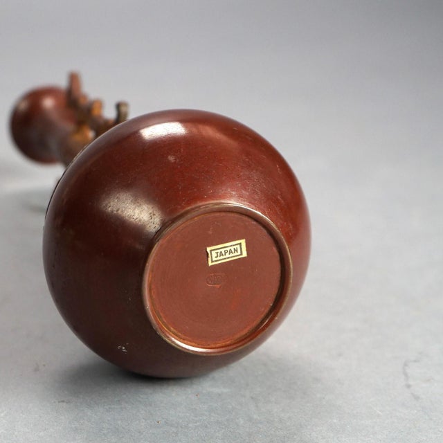 Chinese Bronze Vase with Enameled Floral Design & Dragon Handles, Early 20th Century For Sale - Image 6 of 6