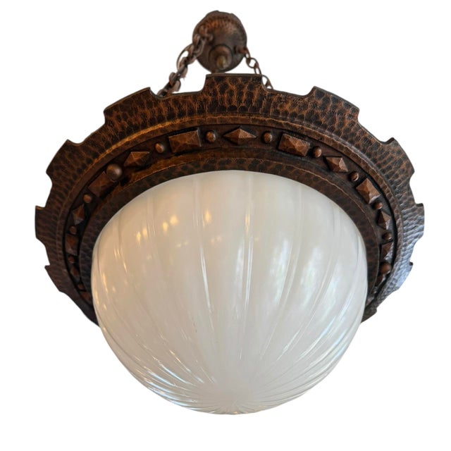 Early 20th Century Antique Hammered Bronze Chandelier With Moonstone Cast Glass Dome For Sale - Image 5 of 8