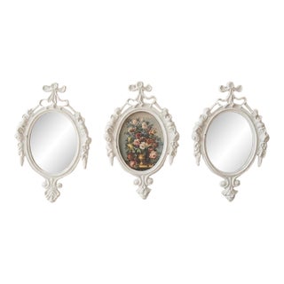 Vintage Italian Baroque Cast Metal Miniature Triptych 3.75” X 6” - Set of 3 - Mirrors & Botanical Print For Sale