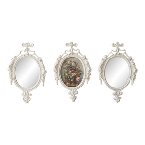 Vintage Italian Baroque Cast Metal Miniature Triptych 3.75” X 6” - Set of 3 - Mirrors & Botanical Print