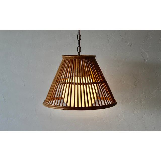 Tan Vintage Handwoven Bamboo Rattan Pendant Swag Style Lamps-a Pair For Sale - Image 8 of 13