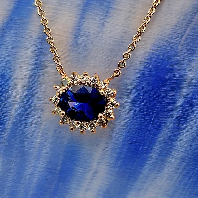 Natural Sapphire Diamond Halo Pendant With Chain 18" 14k YG 1.67 TCW Certified For Sale - Image 14 of 15