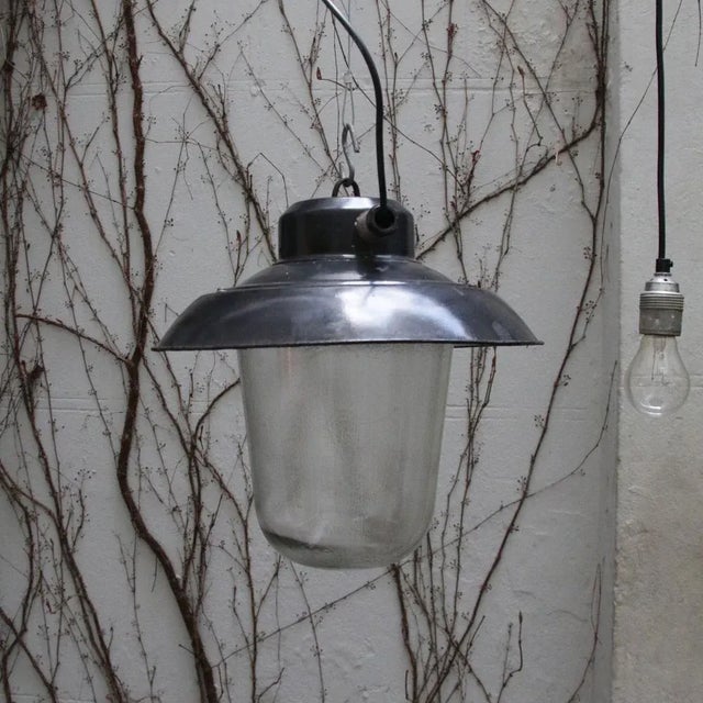 Glass Industrial Black Enamel & Clear Glass Pendant Lights For Sale - Image 7 of 8