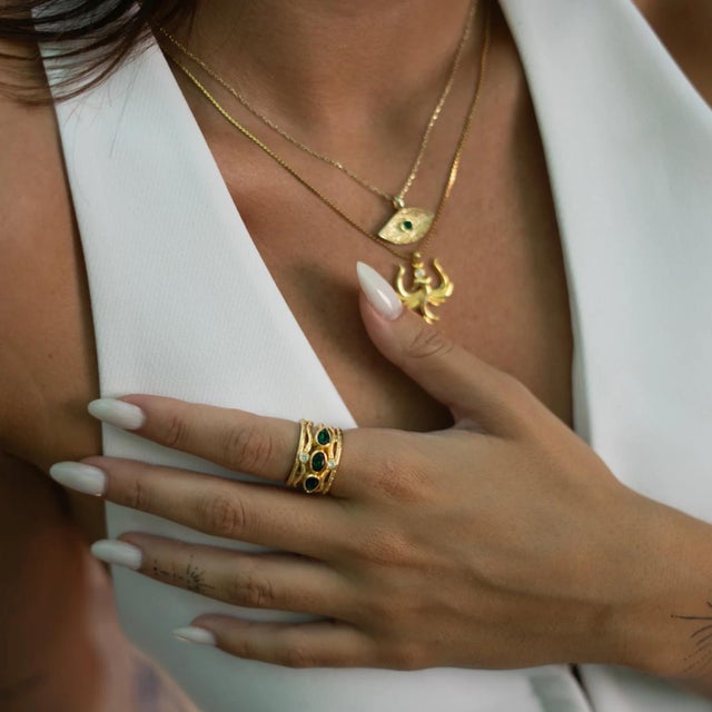 Emerald Emerald & Diamond Regal Adjustable Gold Ring, Size 8 For Sale - Image 8 of 9