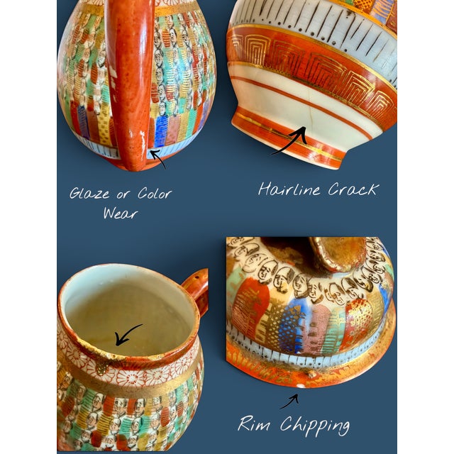 Vintage Japanese 1000 Thousand Faces Teapot-Hand Painted Porcelain-Kutani Style For Sale - Image 9 of 11